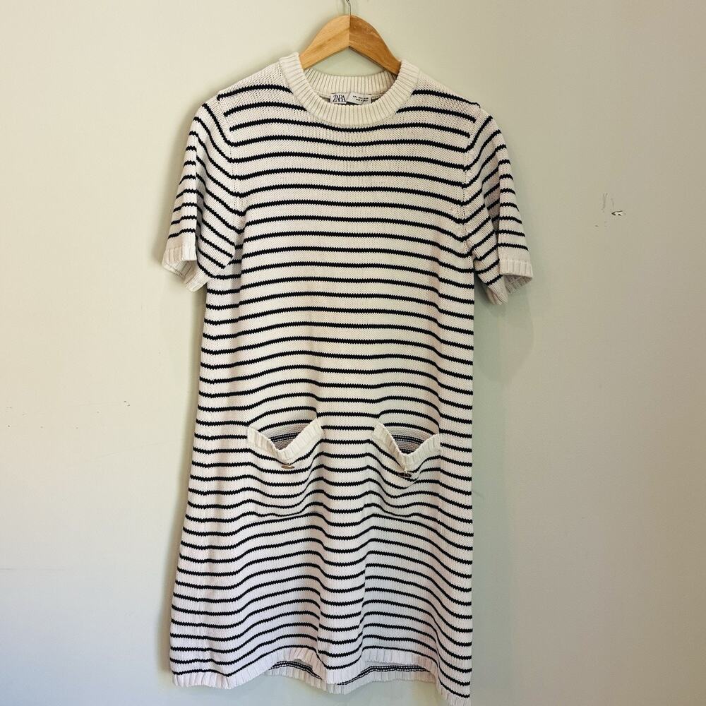 Zara Striped Knit Sweater Dress Womens L Cream Navy Short Sleeve Gold Buttons